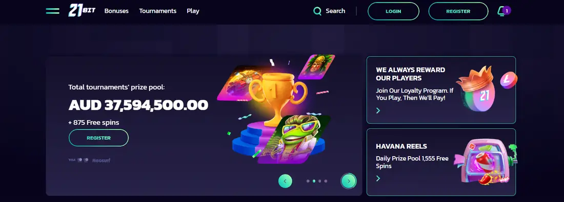 21bit Casino home page showing the tournament prize pool in AUD