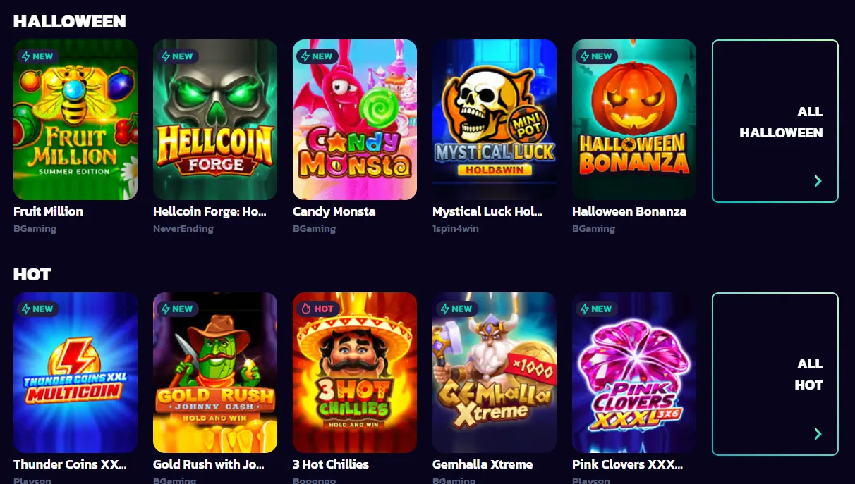 21bit Casino pokies lobby with Halloween and Hot categories