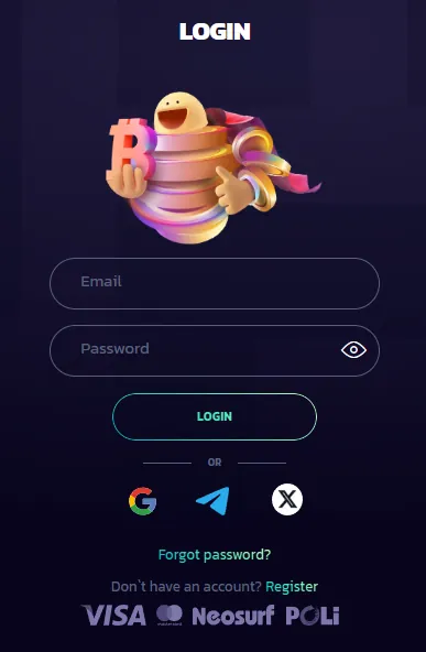 21bit Casino login window with email and password fields and Google, Telegram and X buttons