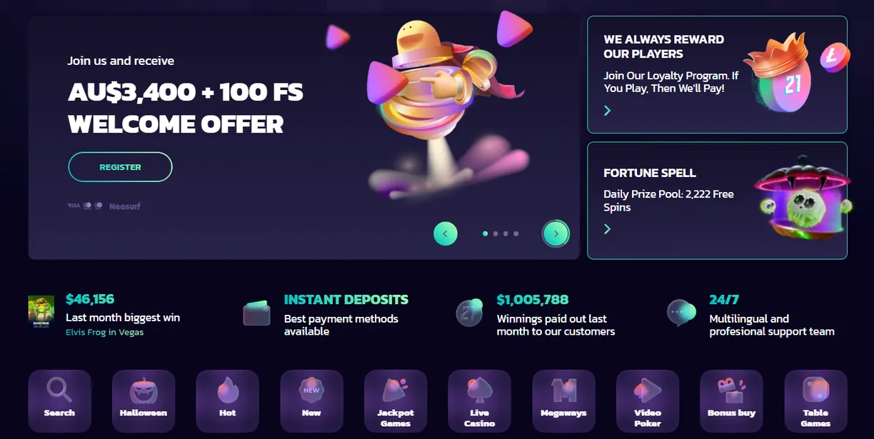 21bit Casino home page with the AU$3,400 plus 100 free spins welcome offer and game categories