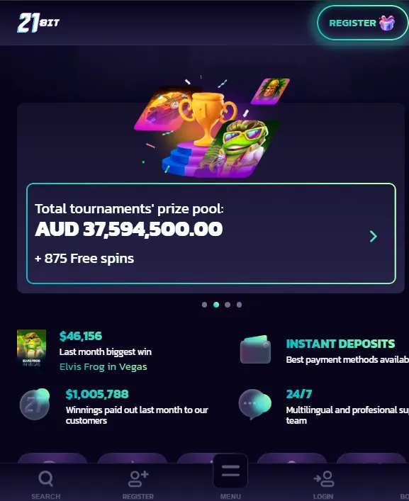 21bit Casino on a phone, showing the tournament prize pool and the bottom navigation bar