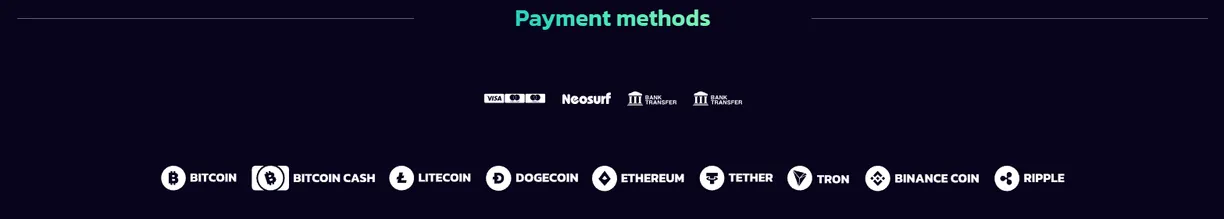 21bit Casino payment methods: Visa, Mastercard, Neosurf, bank transfer and nine cryptocurrencies