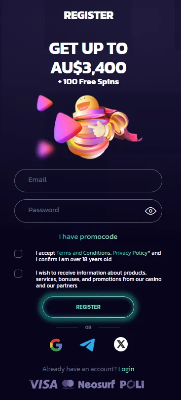 21bit Casino registration form with email, password, promo code and Google, Telegram and X sign-up