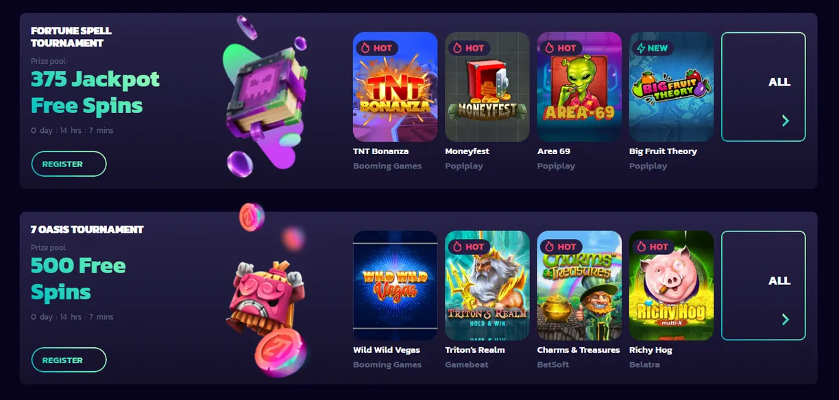 21bit Casino tournaments: Fortune Spell with 375 jackpot free spins and 7 Oasis with 500 free spins