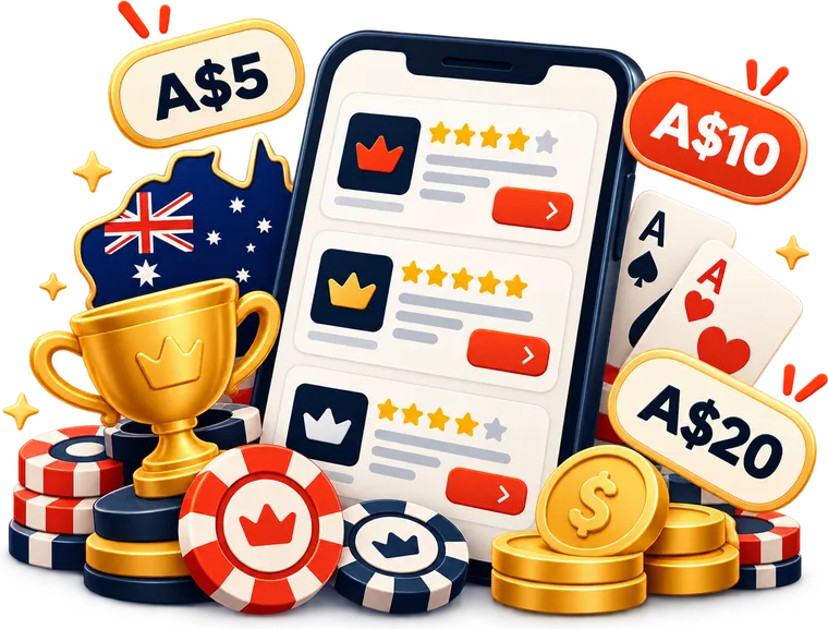 Phone showing casino reviews with star ratings next to a trophy, a map of Australia and A$5, A$10 and A$20 tags