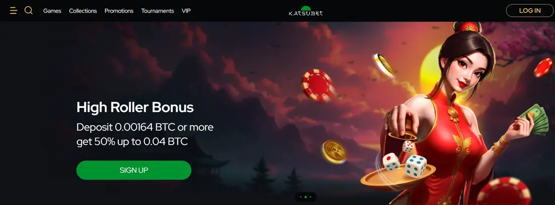 KatsuBet home page with a high roller bonus banner