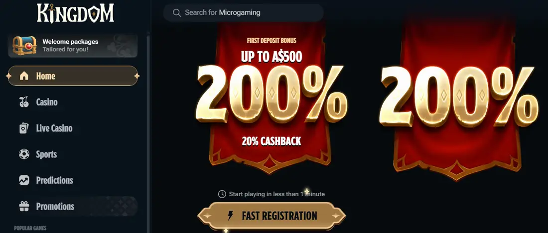 Kingdom Casino home page with a 200% first deposit bonus up to A$500 and 20% cashback