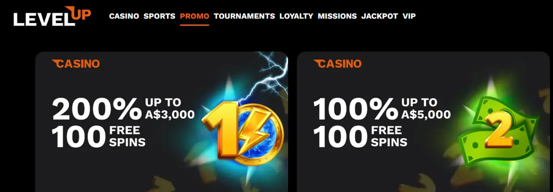 LevelUp Casino promotions page with first and second deposit bonuses in AUD