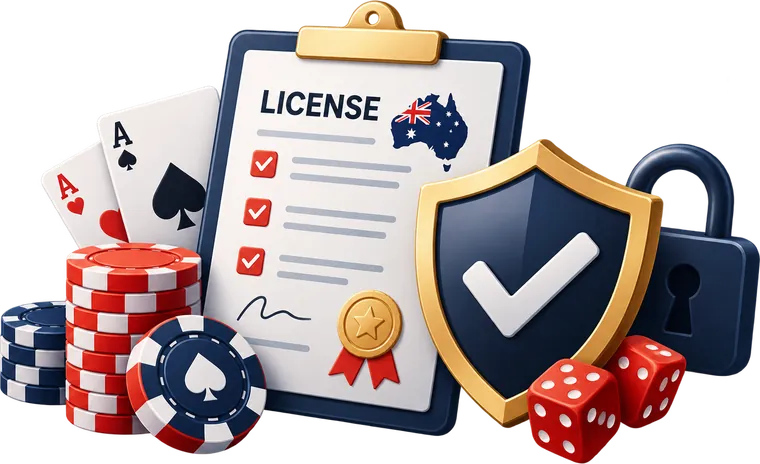 Licence checklist on a clipboard with a shield, a padlock, casino chips and playing cards