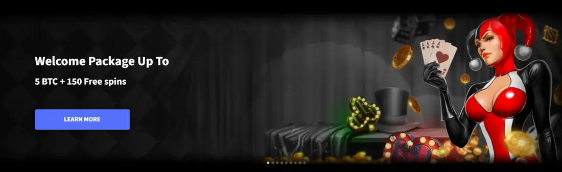 Mirax Casino home page promoting a welcome package of up to 5 BTC and 150 free spins