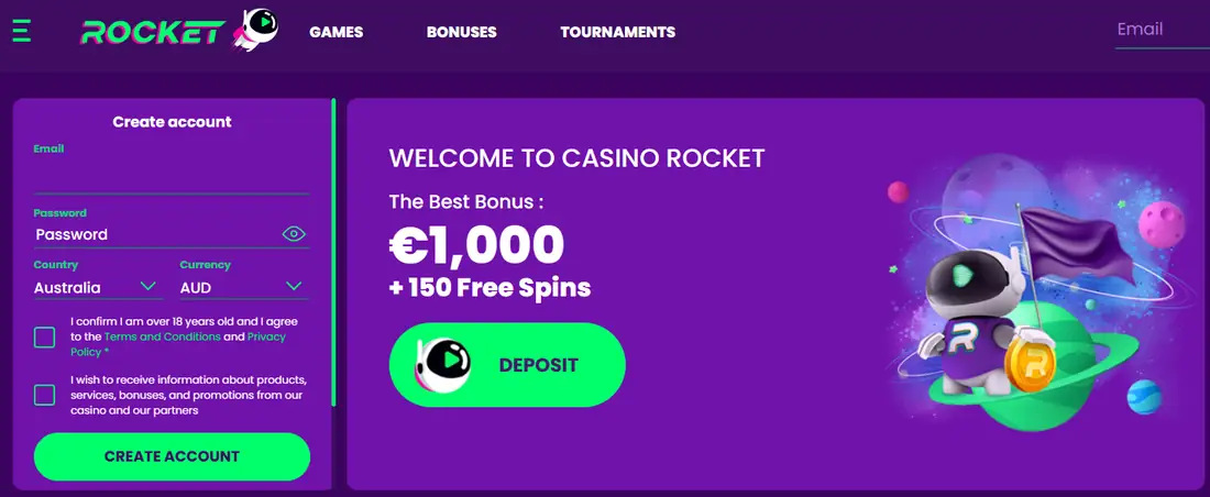 Casino Rocket home page with the sign-up form set to Australia and AUD