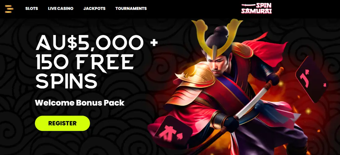 Spin Samurai home page advertising an AU$5,000 plus 150 free spins welcome pack