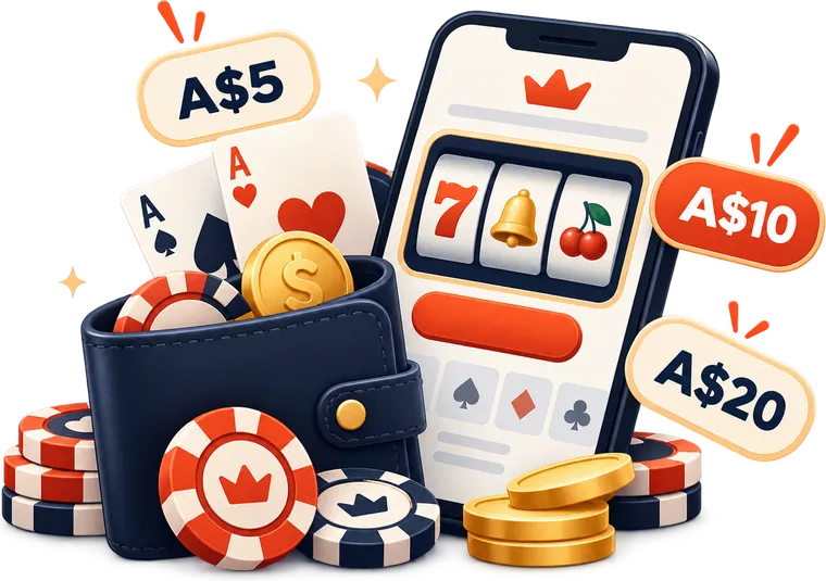 Wallet with casino chips and a phone showing a pokie, with A$5, A$10 and A$20 deposit tags