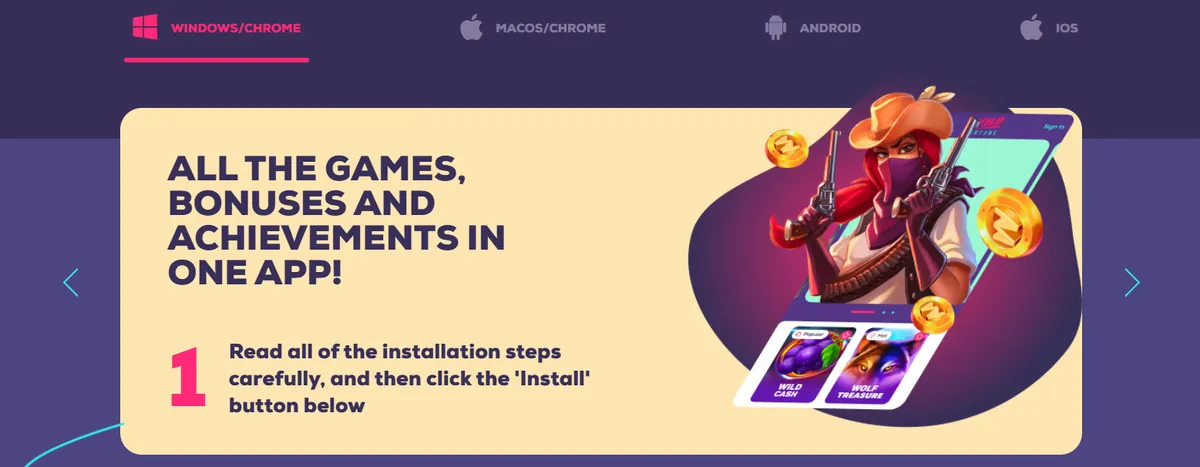 Wild Fortune casino app install page with tabs for Windows, macOS, Android and iOS