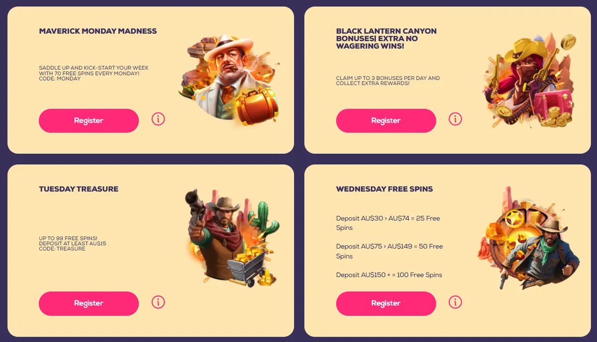 Wild Fortune promotions page with the MONDAY and TREASURE bonus codes and Wednesday free spins tiers