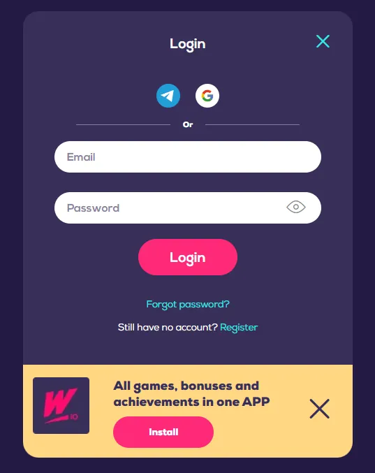 Wild Fortune casino login window with Telegram, Google, email and password
