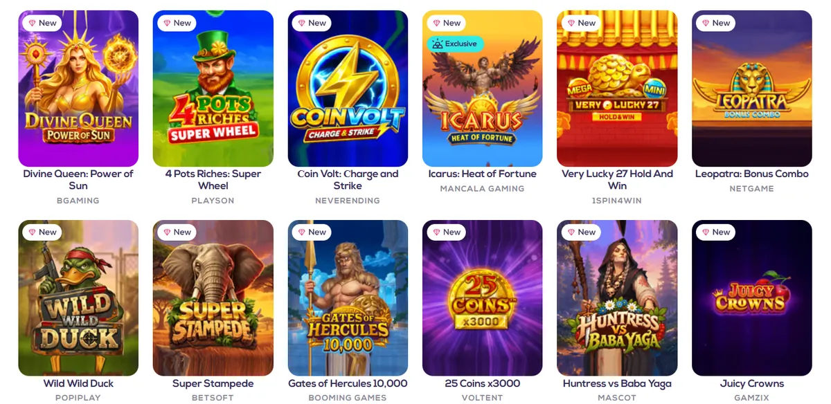 New pokies at Wild Fortune including Divine Queen: Power of Sun and the exclusive Icarus: Heat of Fortune
