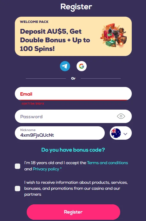 Wild Fortune registration form with email, password, nickname, country and bonus code fields