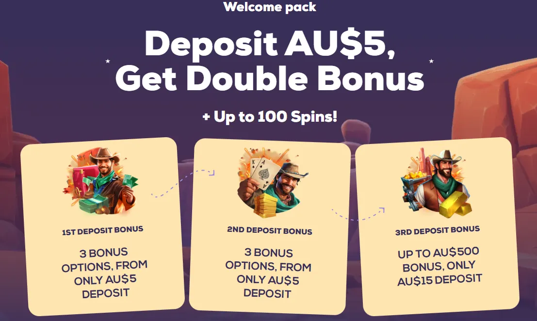 Wild Fortune welcome pack: deposit AU$5, get double bonus plus up to 100 spins, across three deposits